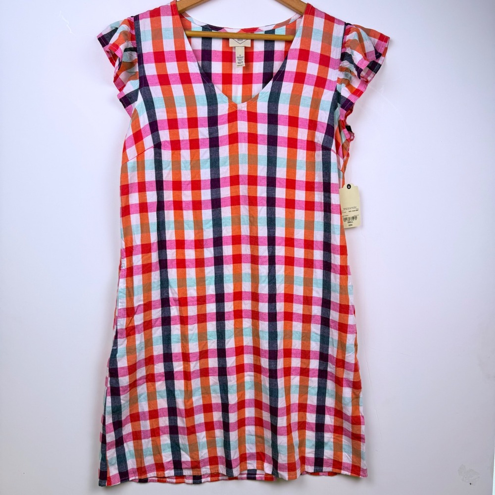 St Johns Bay Multi Check Ruffle Sleeve V-Neck Linen Blend Shift Dress Small NWT